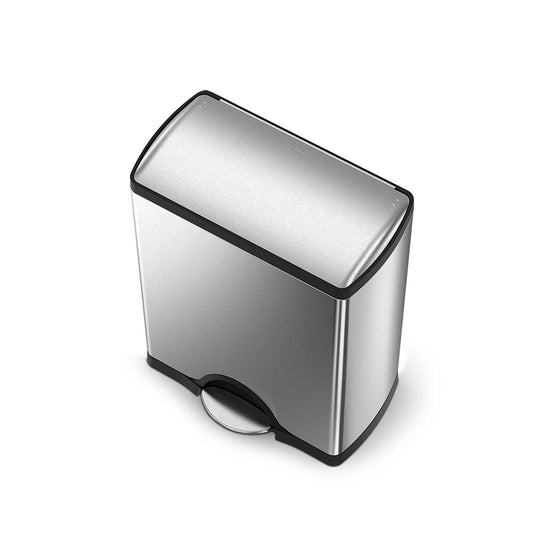 Angled view of Simplehuman Brushed Stainless Steel 50L Rectangular Step Can, hands-free operation
