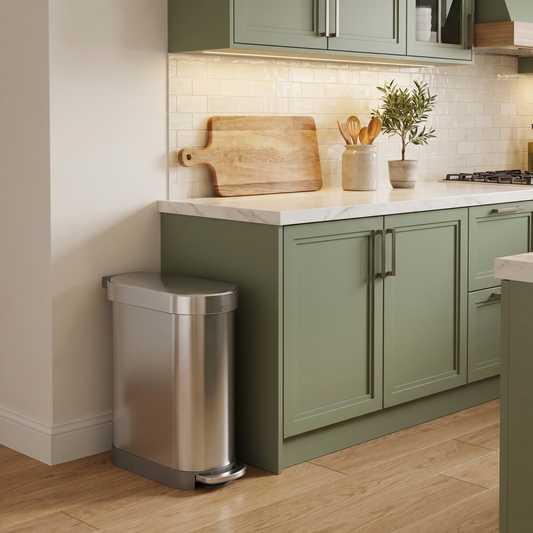 Simplehuman's Slim Step Can in Brushed in a modern kitchen setting with green cabinets.