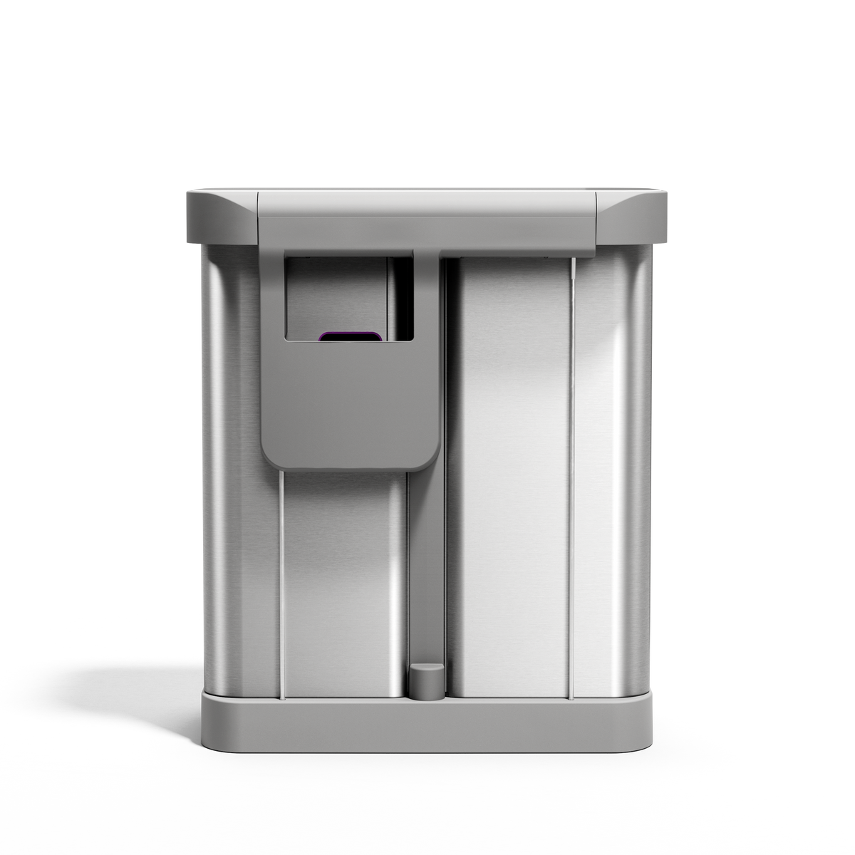 Front view of Simplehuman 58L Step Recycler in Brushed Stainless Steel with dual compartments and hands-free foot pedal.