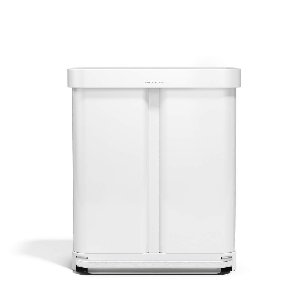 Simplehuman 58L Step Recycler in White, dual compartment for trash and recycling, hands-free pedal.