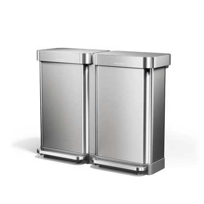 Simplehuman's 90L Step Recycler in Brushed at an angle showcasing more of the right side of the can.