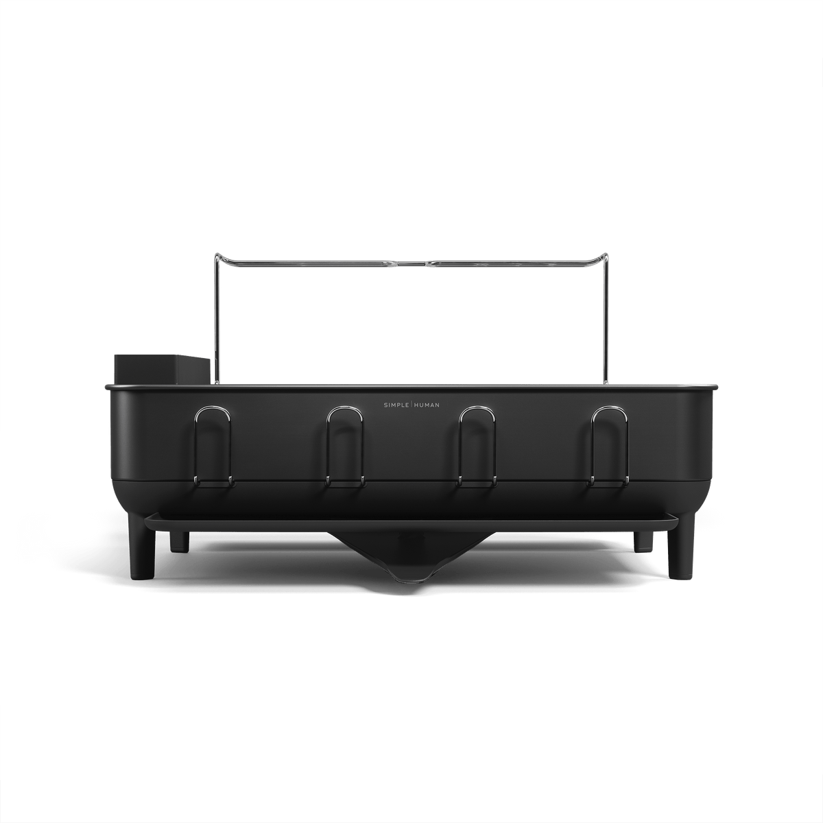 Simplehuman Matte Black Steel Frame Dishrack, front view with integrated cup holders and central drain spout.