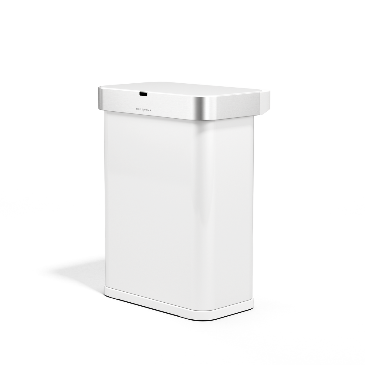 Angled view of Simplehuman 58L Rectangular Sensor Can in White, Brushed Stainless Steel lid, touch-free operation.