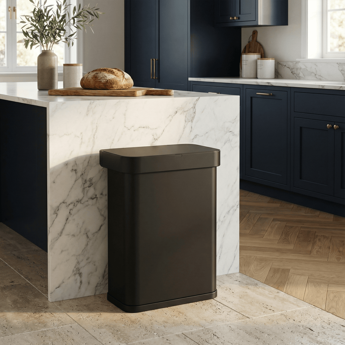 Simplehuman's Matte Black Sensor Can in a modern kitchen with a lived in feel. The can is surrounded by marble countertop and blue cabinets with gold hardware and the marble island has plants and a baked loaf of bread on top.
